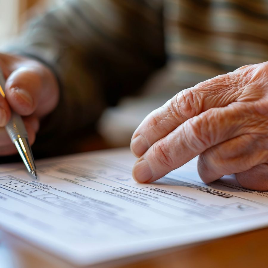 Person filling out a mail-in ballot at home, pen in hand and focused expression