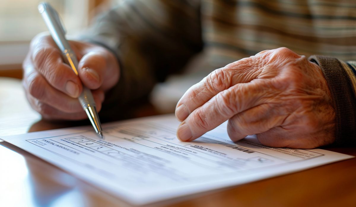 Person filling out a mail-in ballot at home, pen in hand and focused expression
