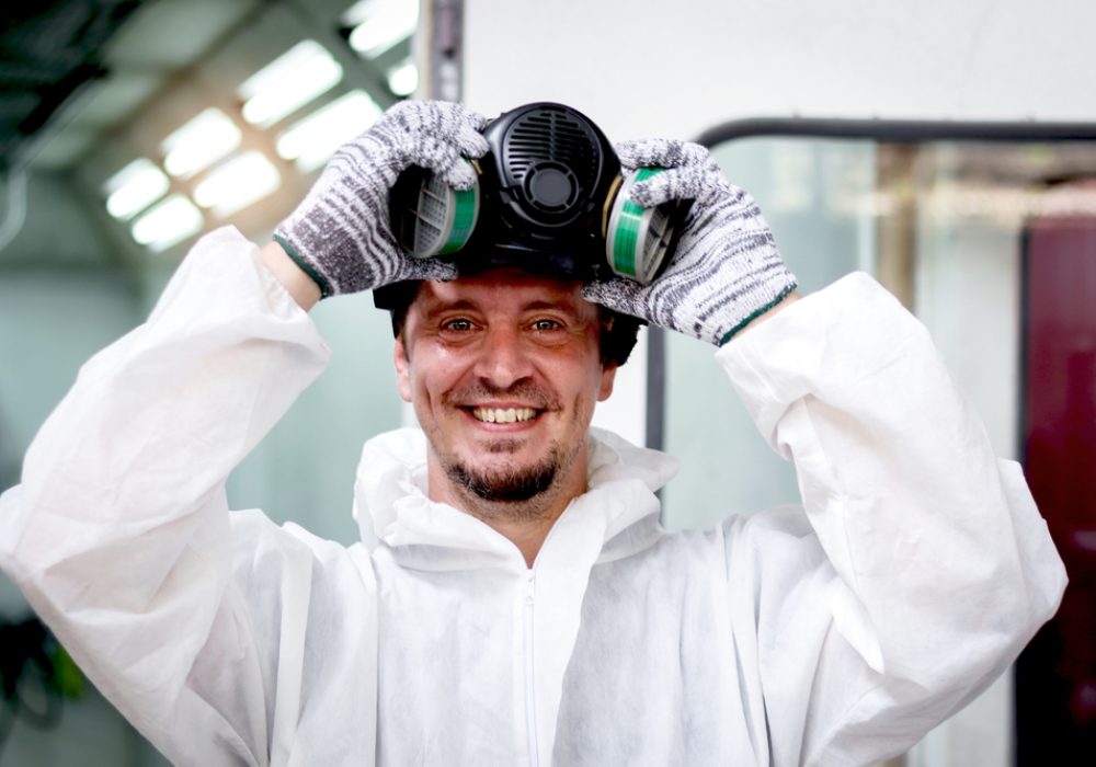 Mechanic,Man,In,White,Costume,Cloth,Wearing,Chemical,Protective,Mask