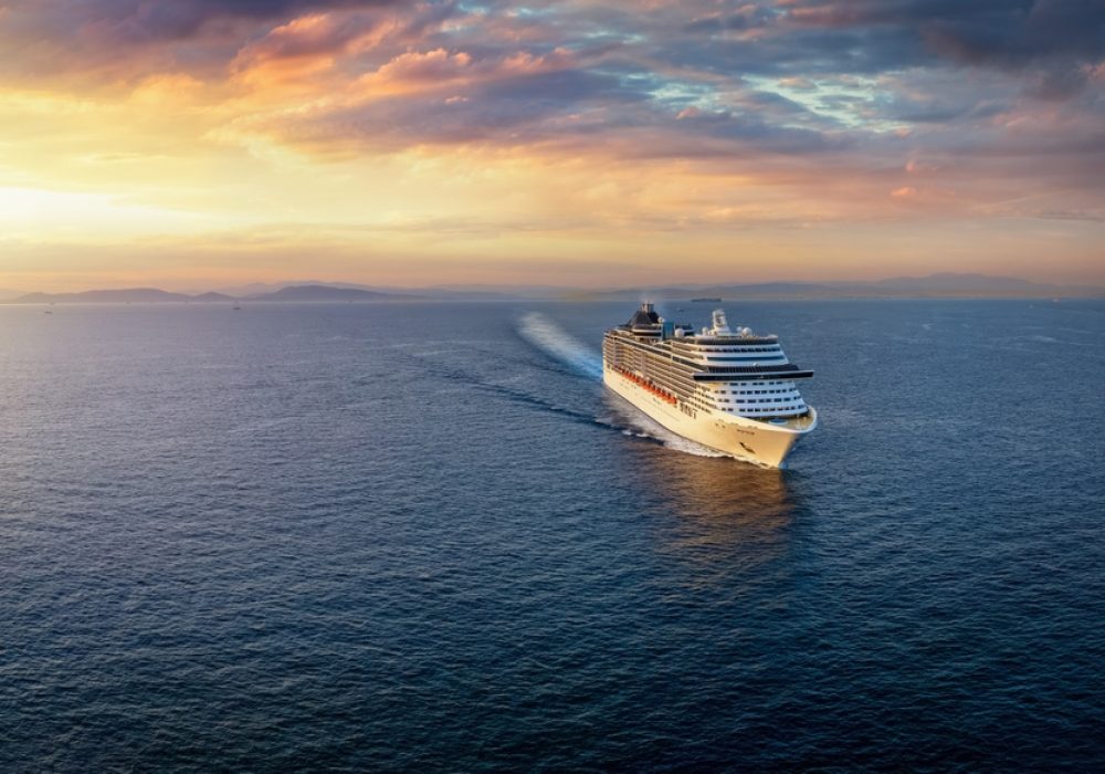 Panoramic,Aerial,View,Of,A,Cruise,Ship,Traveling,Over,The