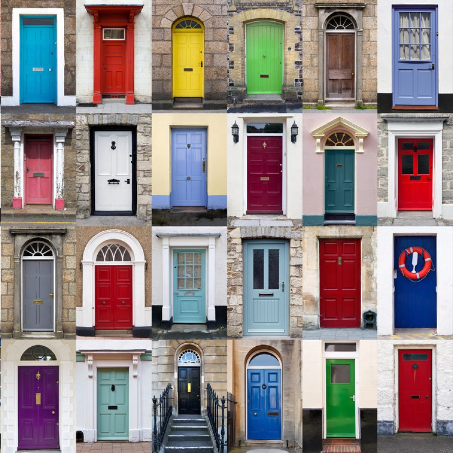 A,Photo,Collage,Of,32,Colourful,Front,Doors,To,Houses