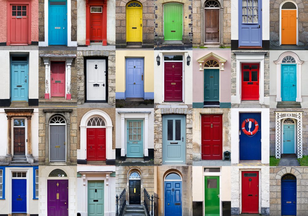 A,Photo,Collage,Of,32,Colourful,Front,Doors,To,Houses