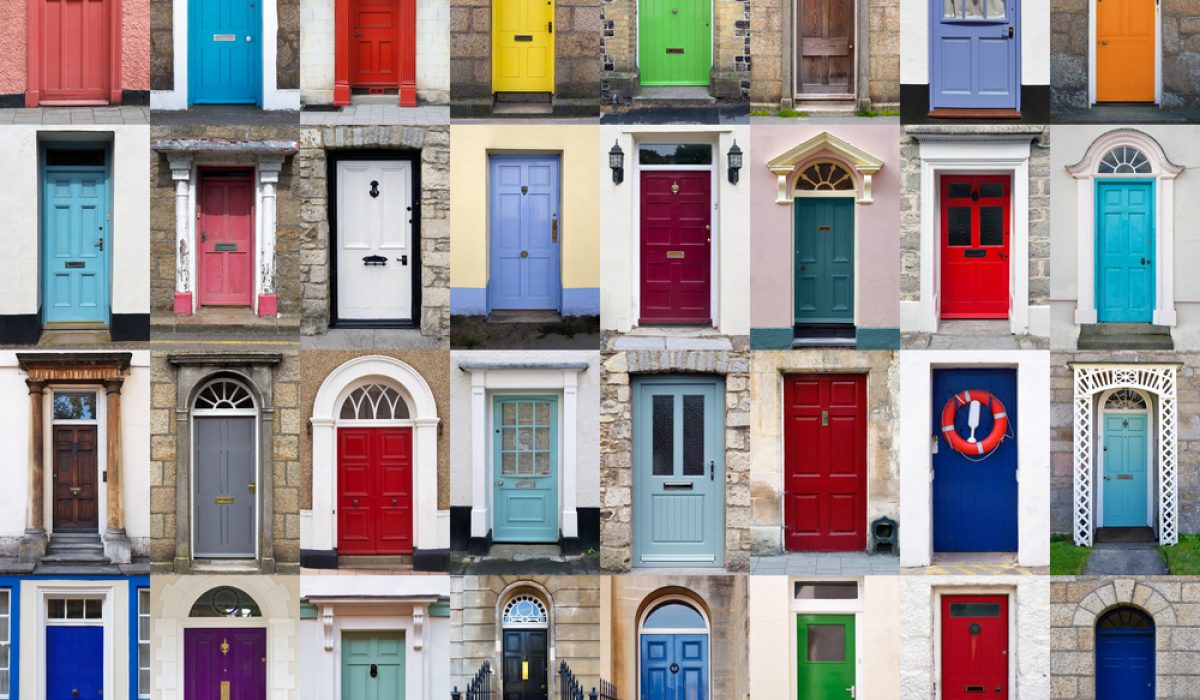 A,Photo,Collage,Of,32,Colourful,Front,Doors,To,Houses